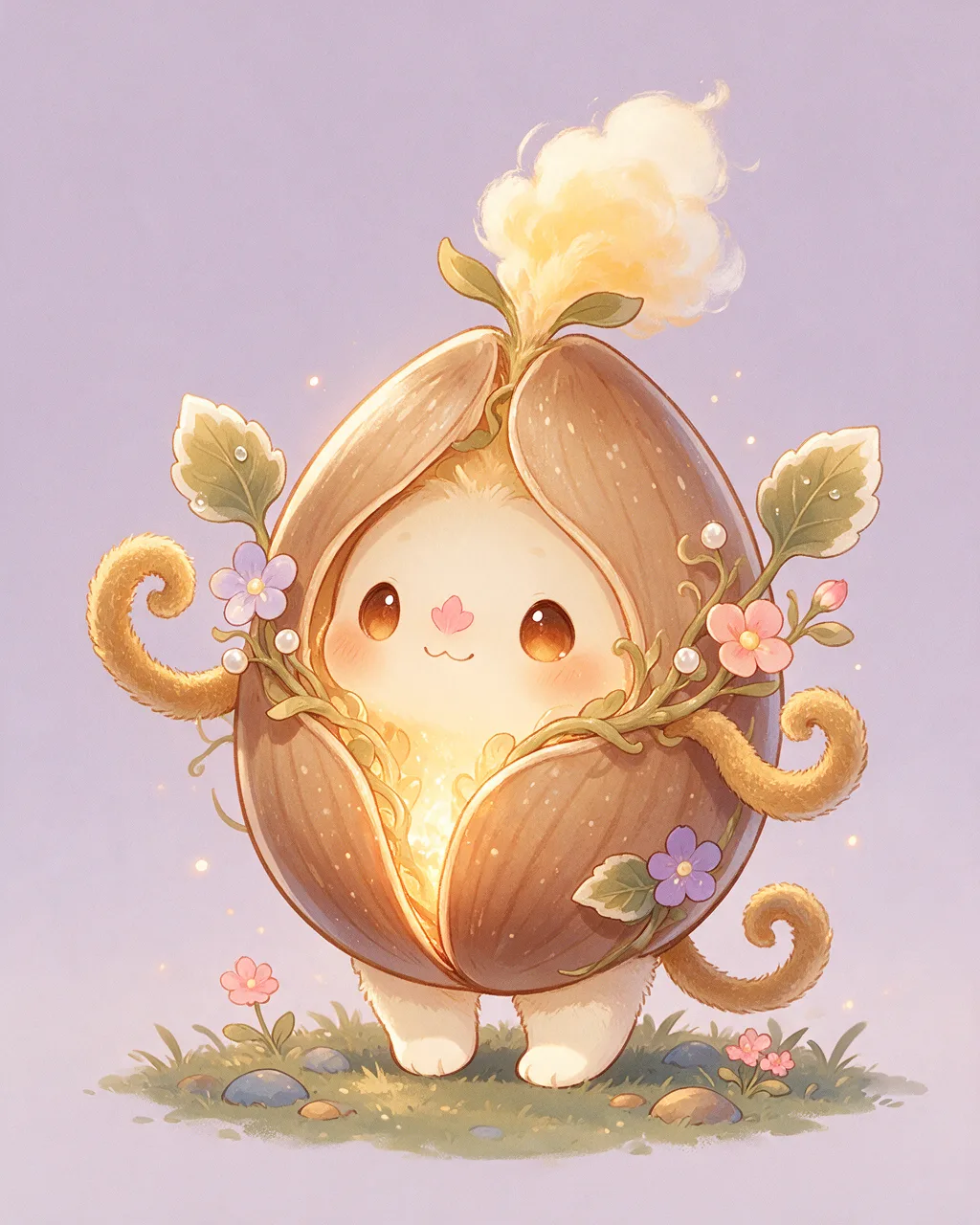 Original fantasy creature artwork of Acornkin, a Gentle Grove-element creature.