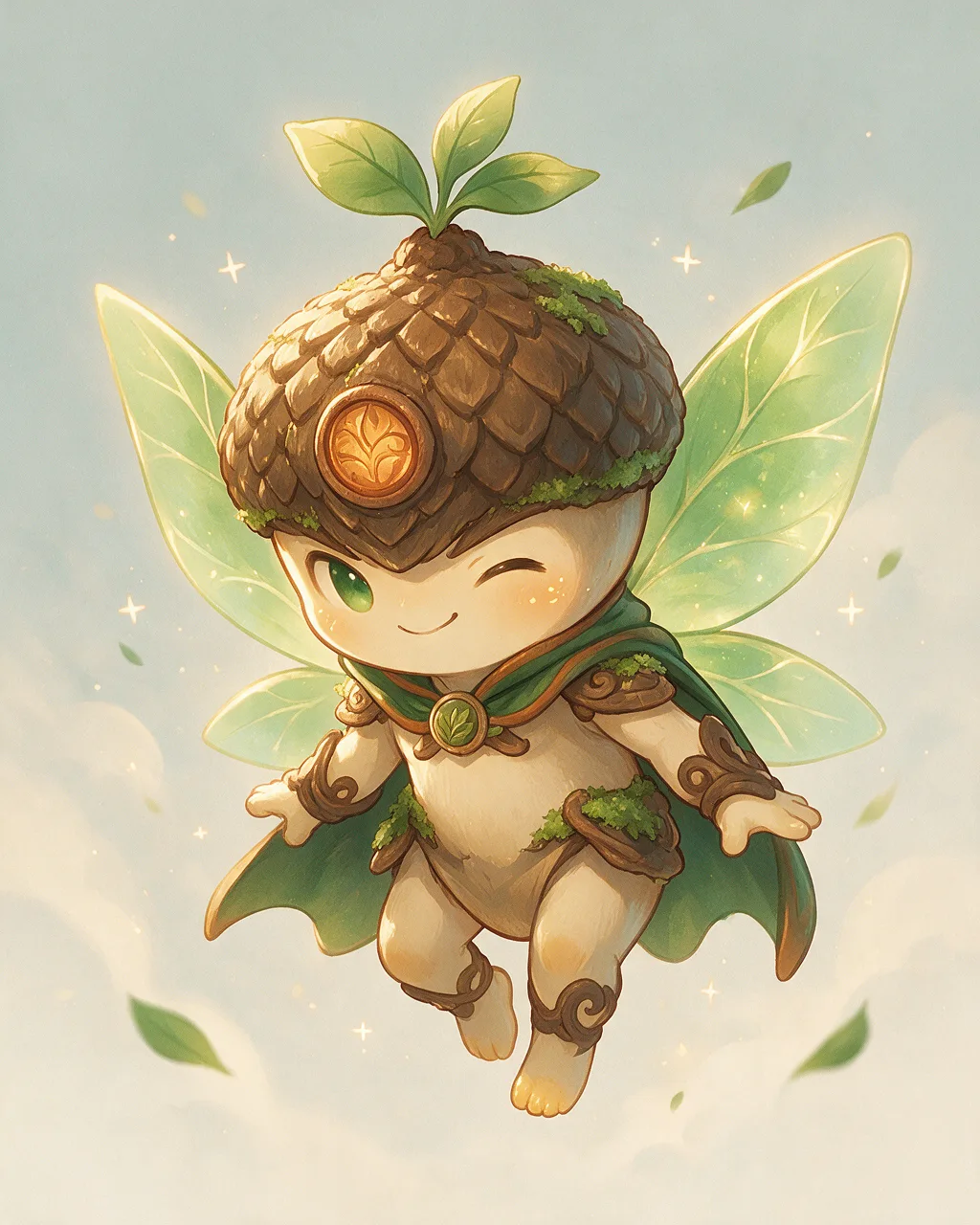 Evolved second-generation artwork of Acorntrick Venerable, a Mischievous Grove-element creature.