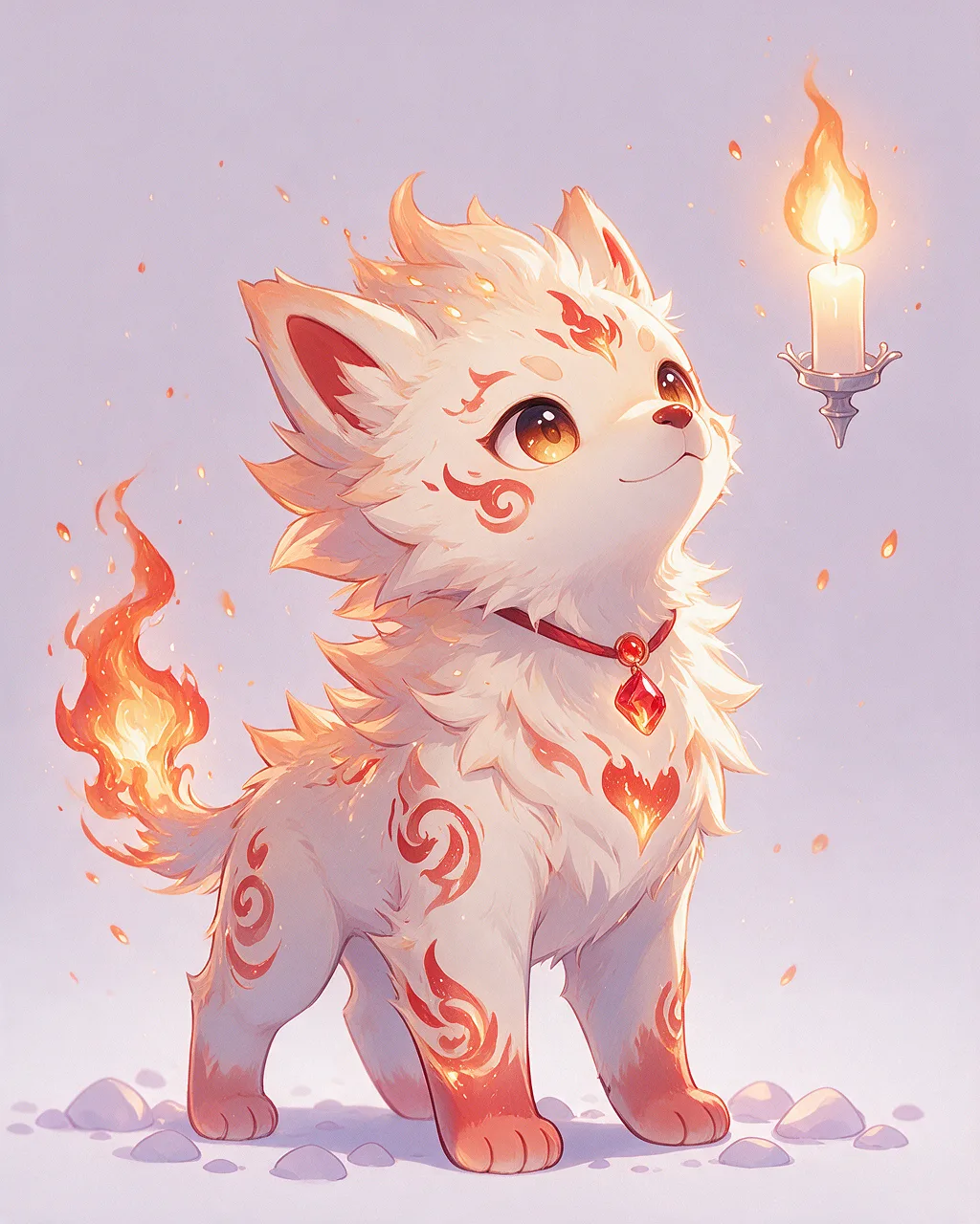 Evolved second-generation artwork of Candlepup Venerable, a Curious Ember-element creature.