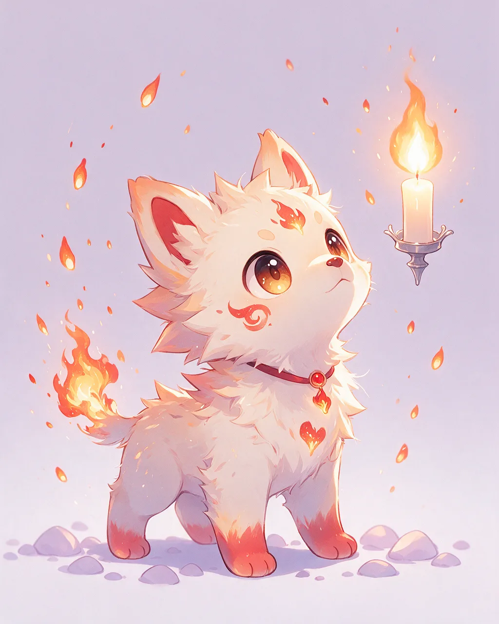 Original fantasy creature artwork of Candlepup, a Curious Ember-element creature.