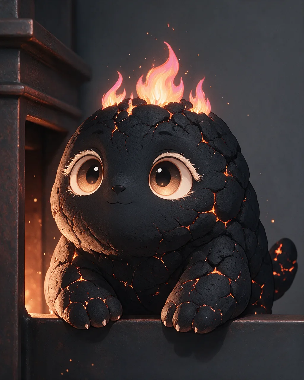 Evolved second-generation artwork of Coalpeek Venerable, a Curious Ember-element creature.