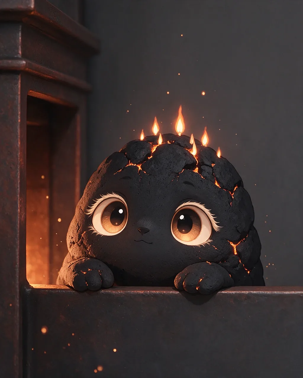 Original fantasy creature artwork of Coalpeek, a Curious Ember-element creature.