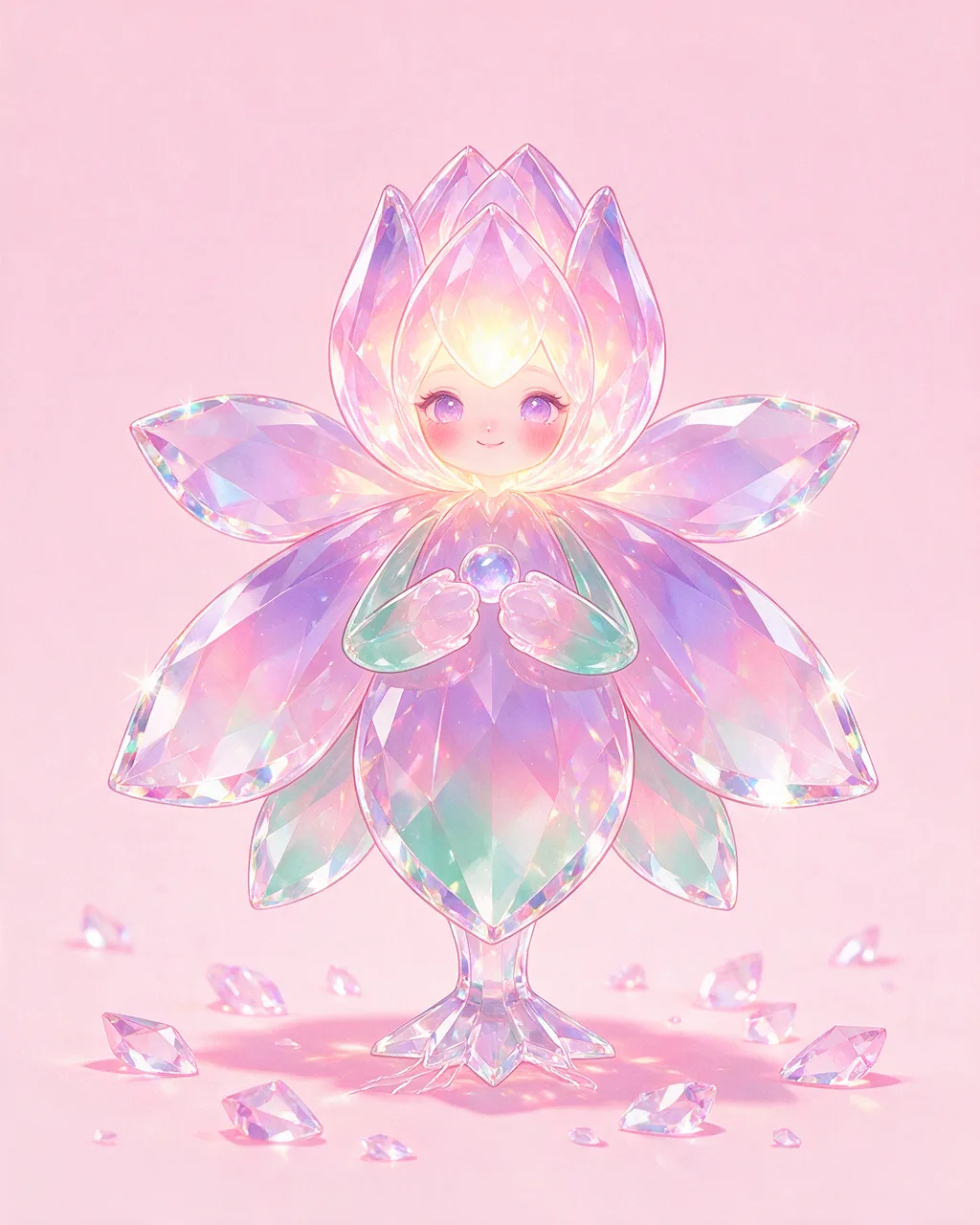 Original fantasy creature artwork of Crystalbud, a Gentle Crystal-element creature.