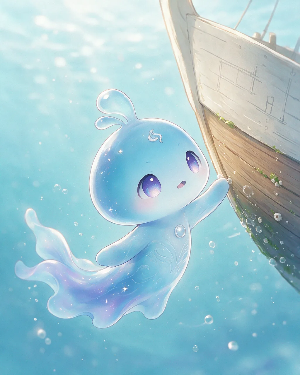 Evolved second-generation artwork of Driftmote Sage, a Curious Tide-element creature.
