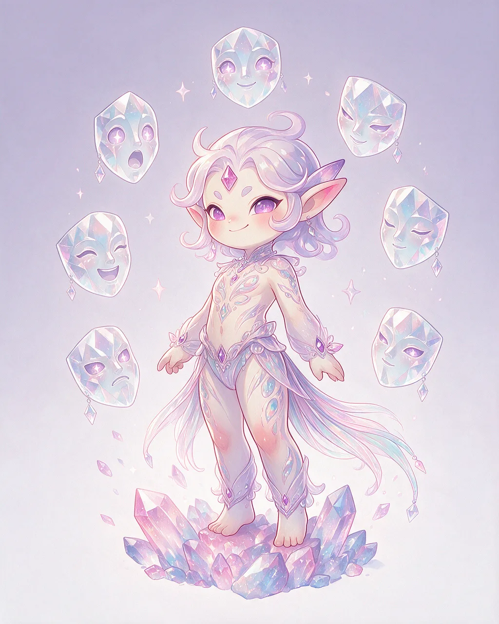 Evolved second-generation artwork of Facetjoke Sage, a Mischievous Crystal-element creature.