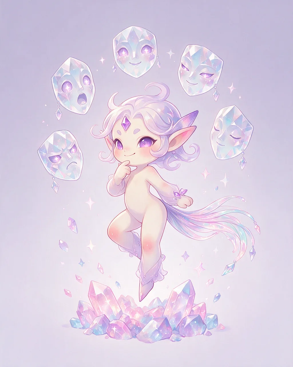 Original fantasy creature artwork of Facetjoke, a Mischievous Crystal-element creature.