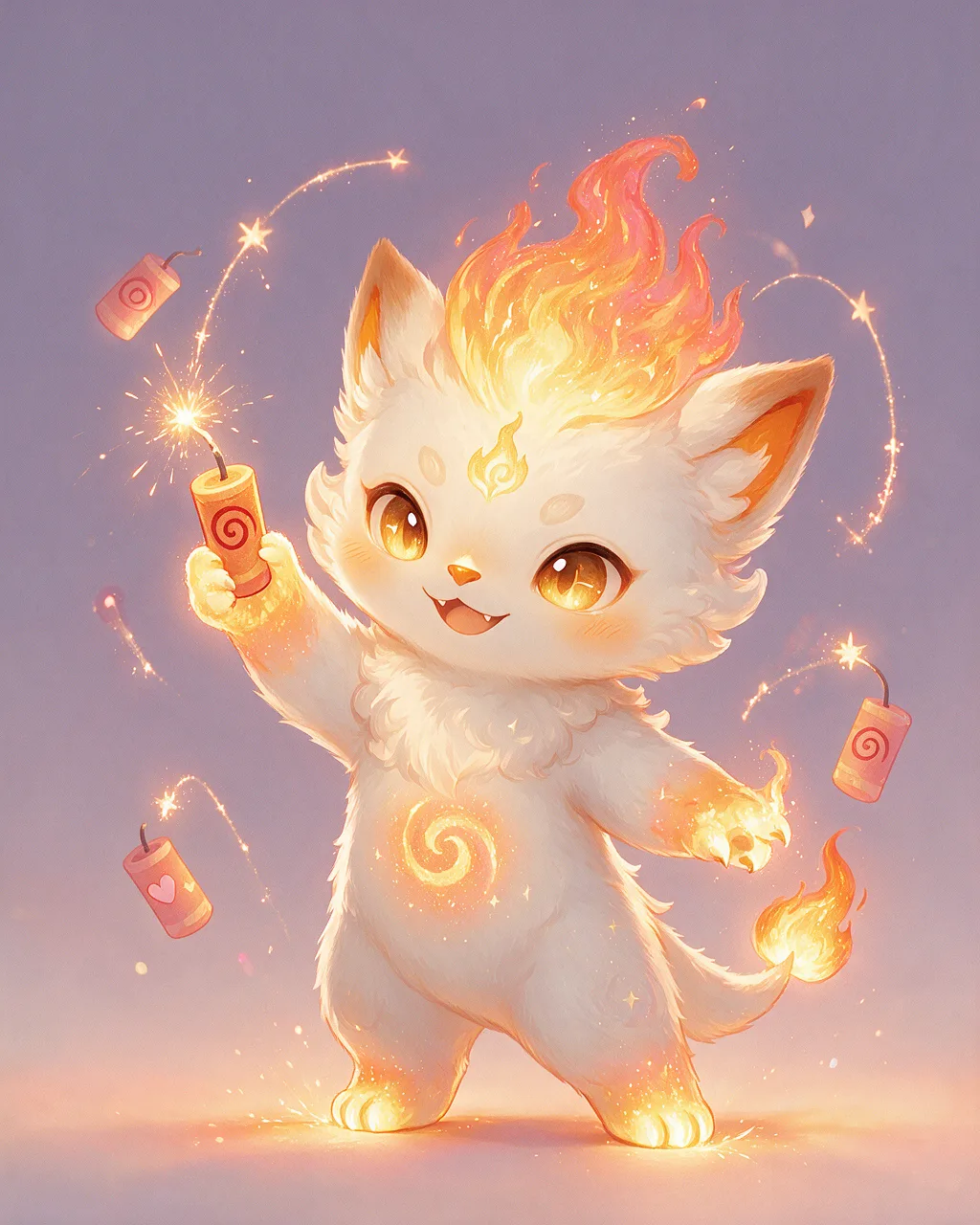 Evolved second-generation artwork of Fizzsprite Venerable, a Mischievous Ember-element creature.