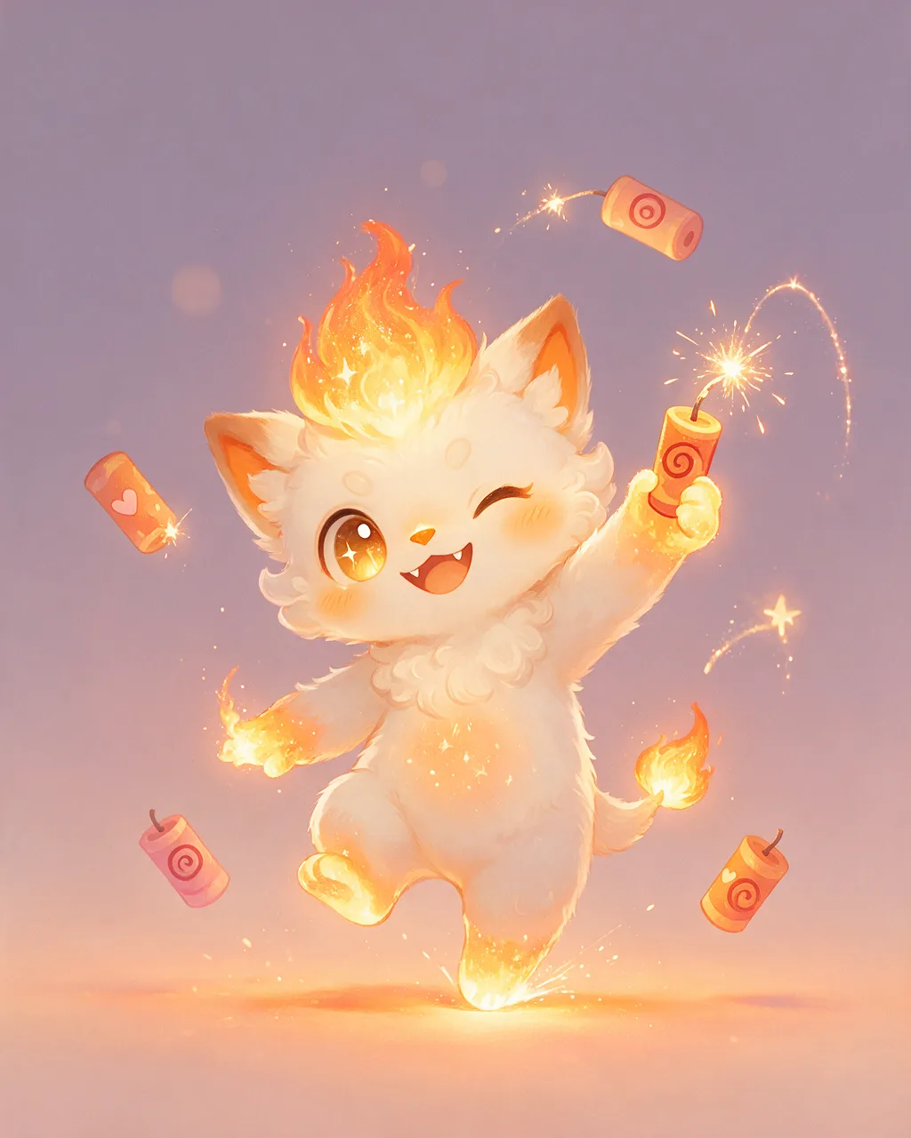 Original fantasy creature artwork of Fizzsprite, a Mischievous Ember-element creature.