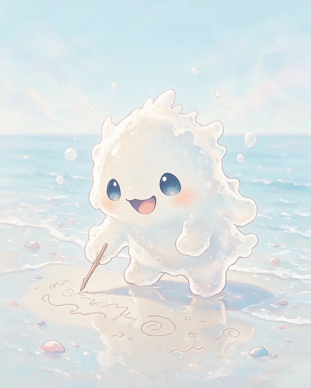 Original fantasy creature artwork of Foamfool, a Mischievous Tide-element creature.
