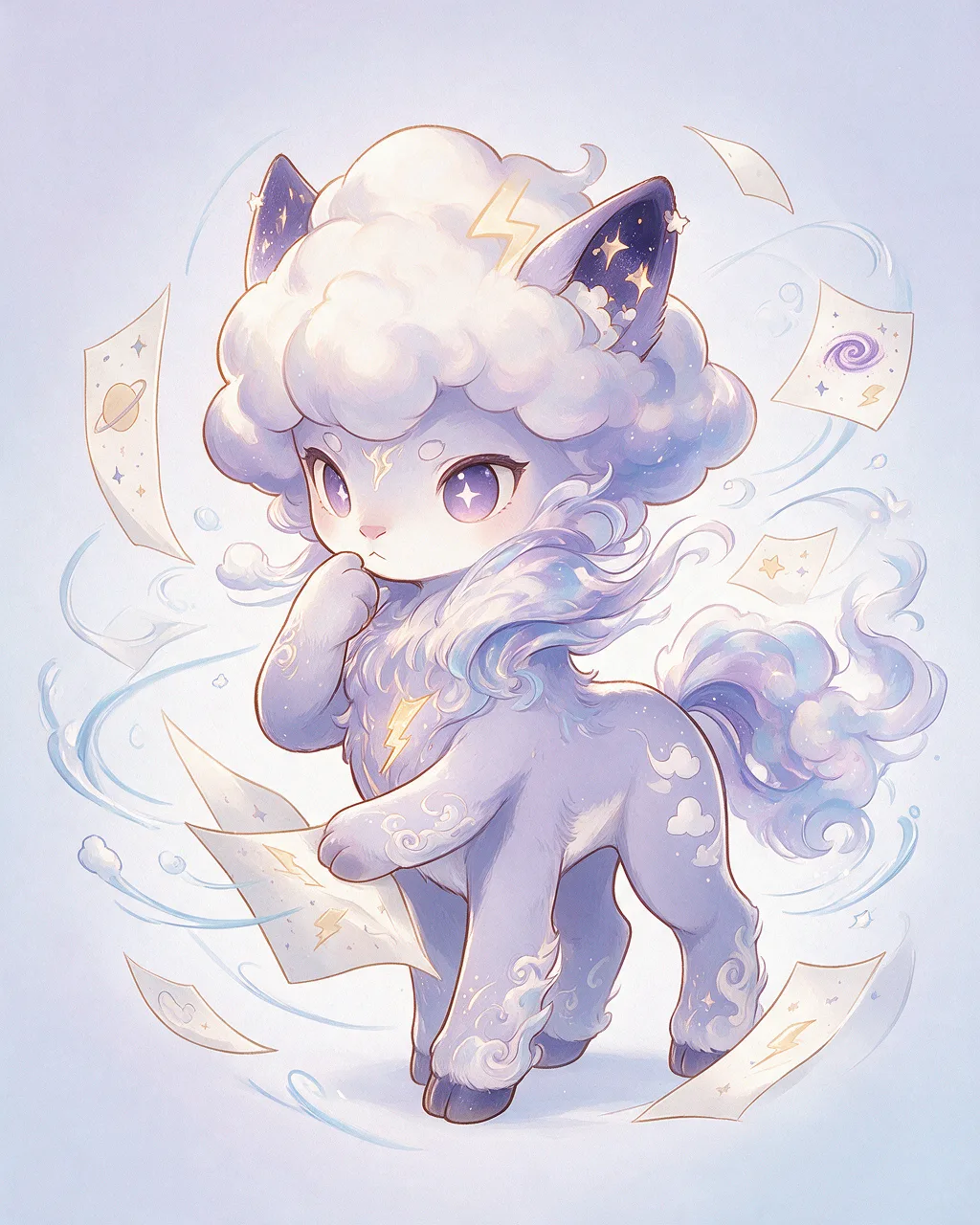 Evolved second-generation artwork of Galequery Regal, a Curious Storm-element creature.