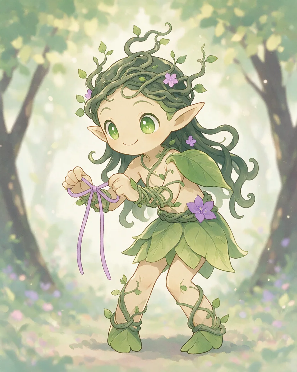 Original fantasy creature artwork of Ivyjinx, a Mischievous Grove-element creature.