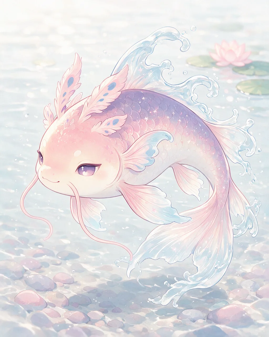 Original fantasy creature artwork of Koiwhisper, a Serene Tide-element creature.