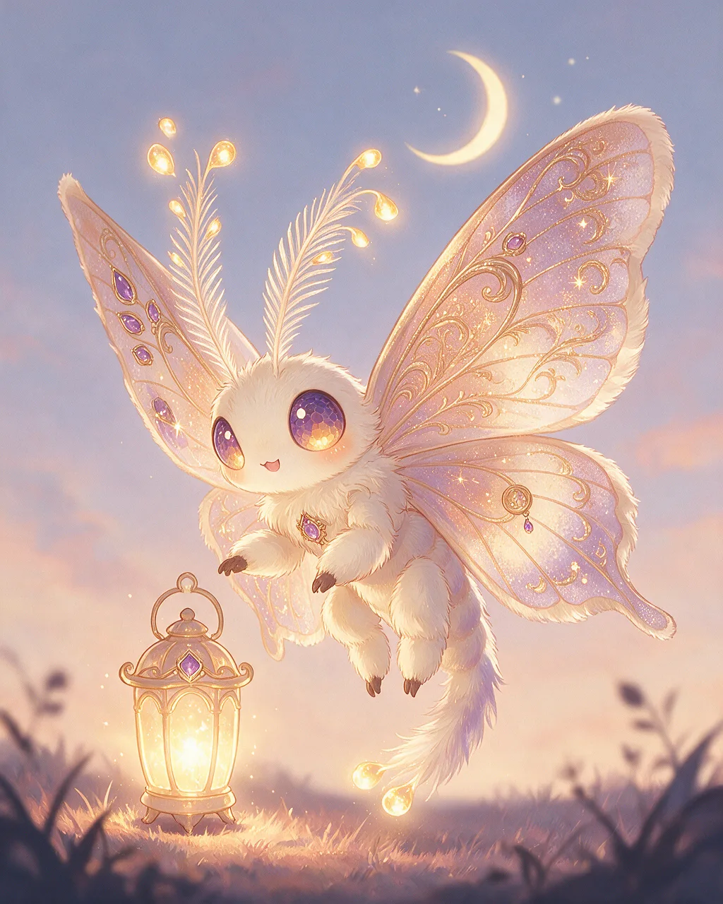Evolved second-generation artwork of Lanternmoth Sage, a Curious Dusk-element creature.