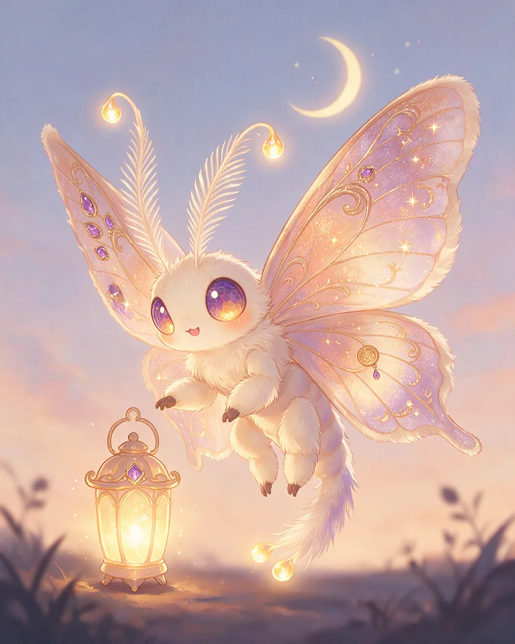 Original fantasy creature artwork of Lanternmoth, a Curious Dusk-element creature.