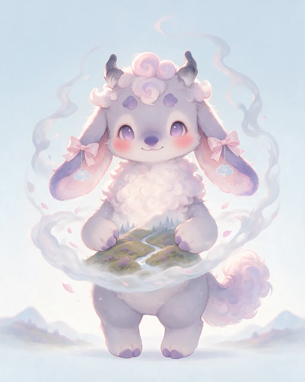 Original fantasy creature artwork of Mistcradle, a Gentle Storm-element creature.