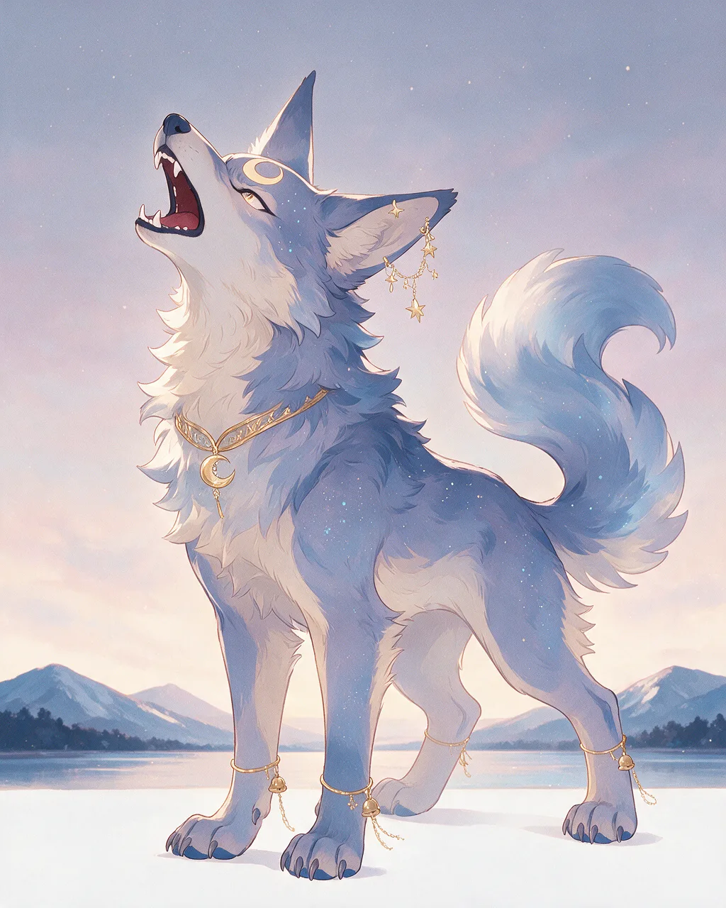 Evolved second-generation artwork of Moonhowl Regal, a Fierce Dusk-element creature.