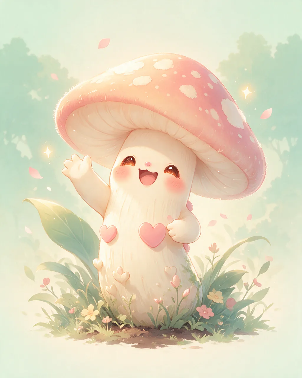 Original fantasy creature artwork of Mushroomprank, a Mischievous Grove-element creature.