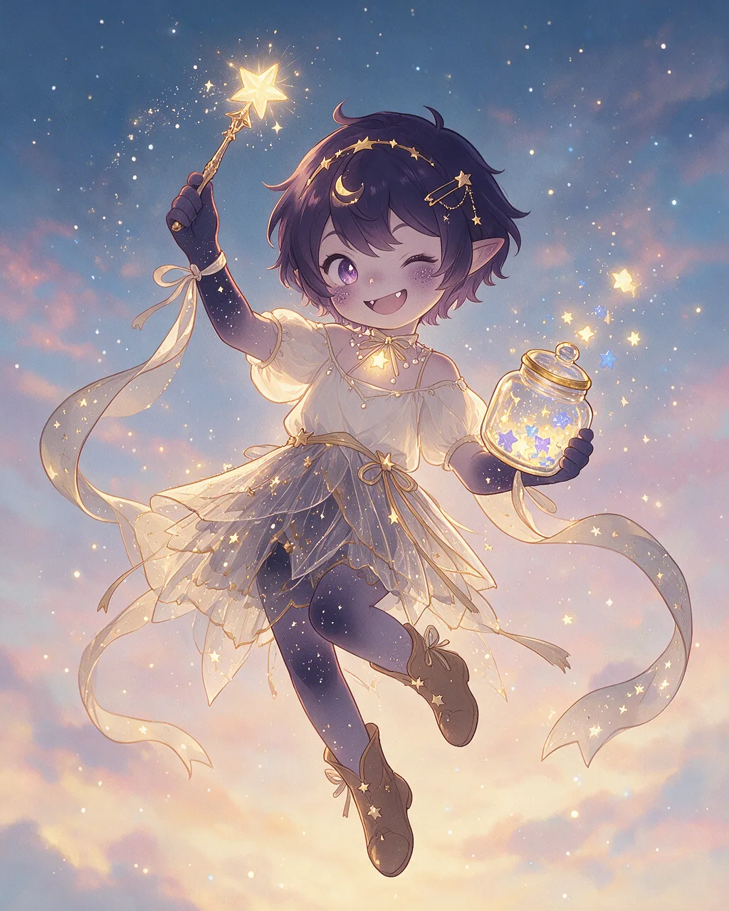 Evolved second-generation artwork of Nightpix Grand, a Mischievous Dusk-element creature.