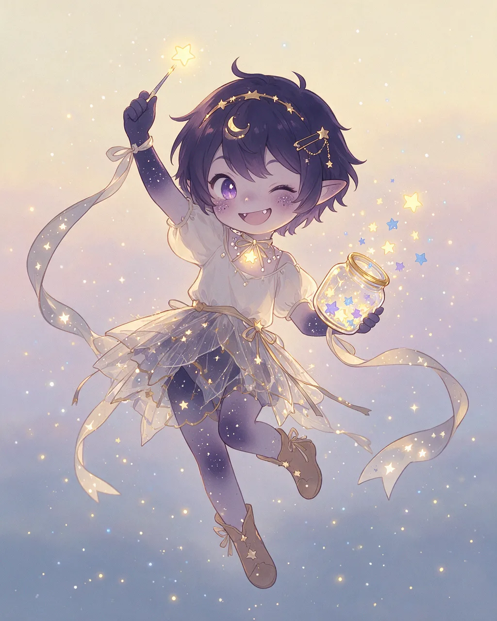 Original fantasy creature artwork of Nightpix, a Mischievous Dusk-element creature.