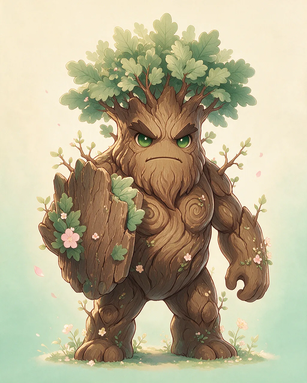 Evolved second-generation artwork of Oakhide Grand, a Fierce Grove-element creature.