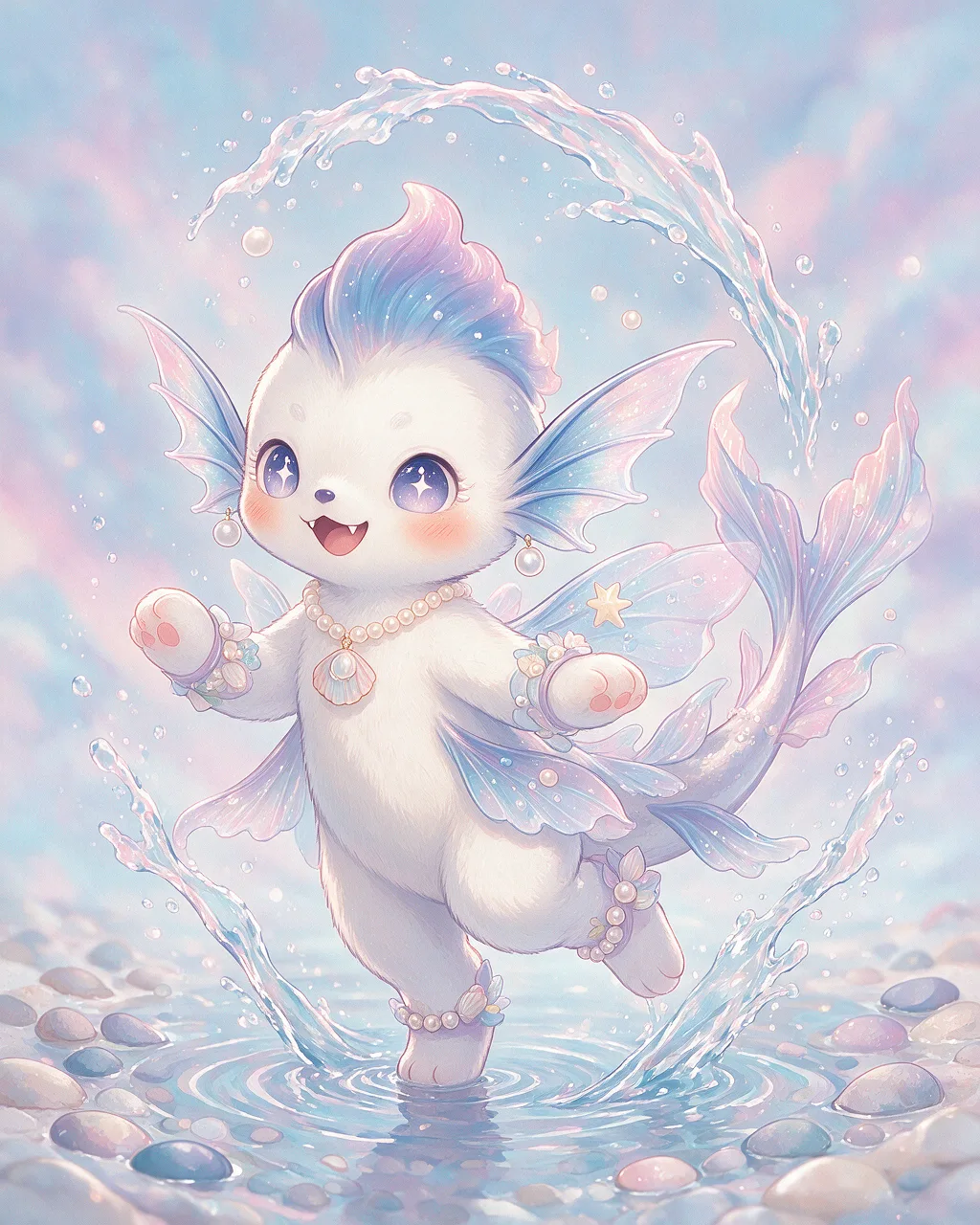 Evolved second-generation artwork of Poolkicker Grand, a Mischievous Tide-element creature.