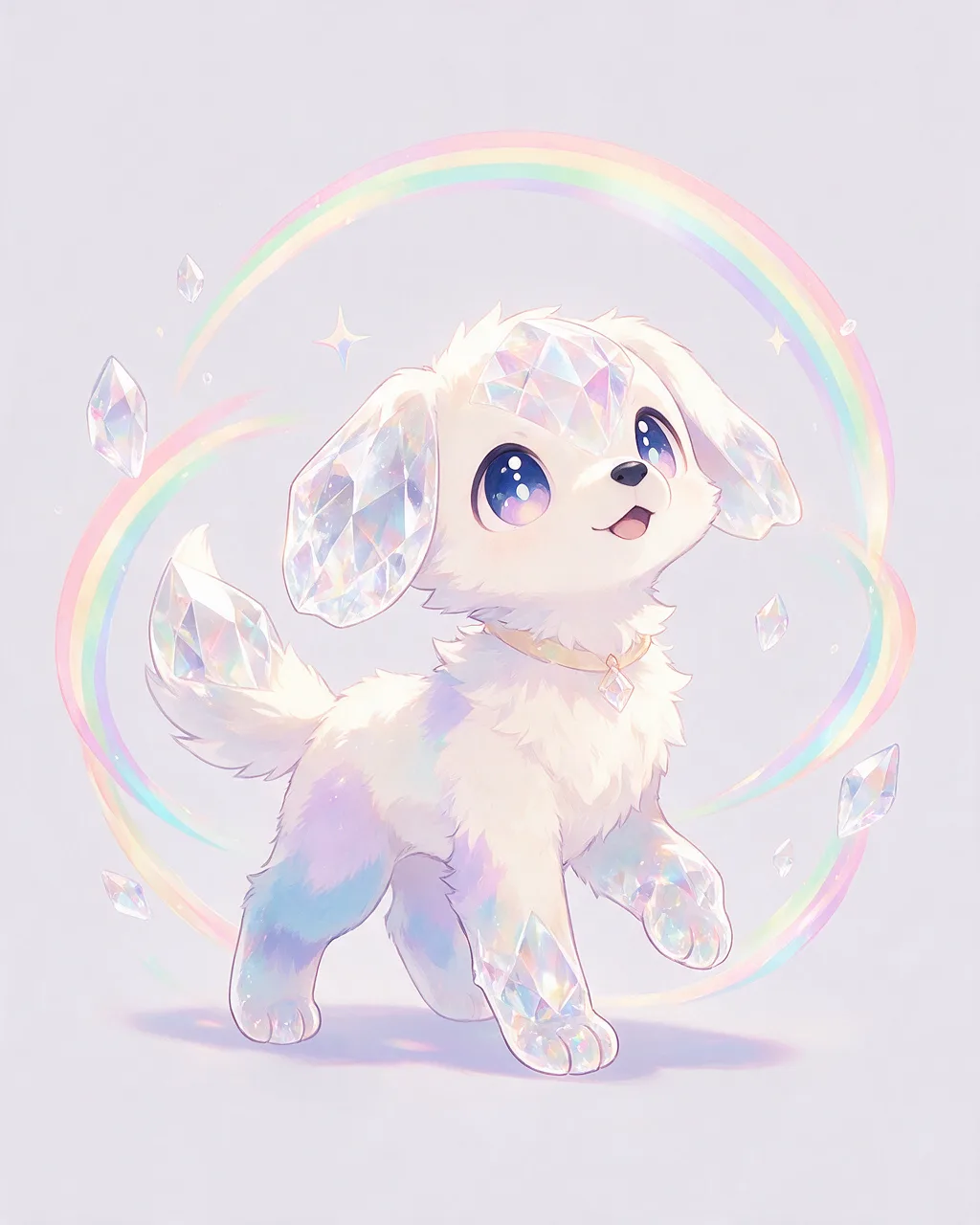 Original fantasy creature artwork of Prismpup, a Curious Crystal-element creature.
