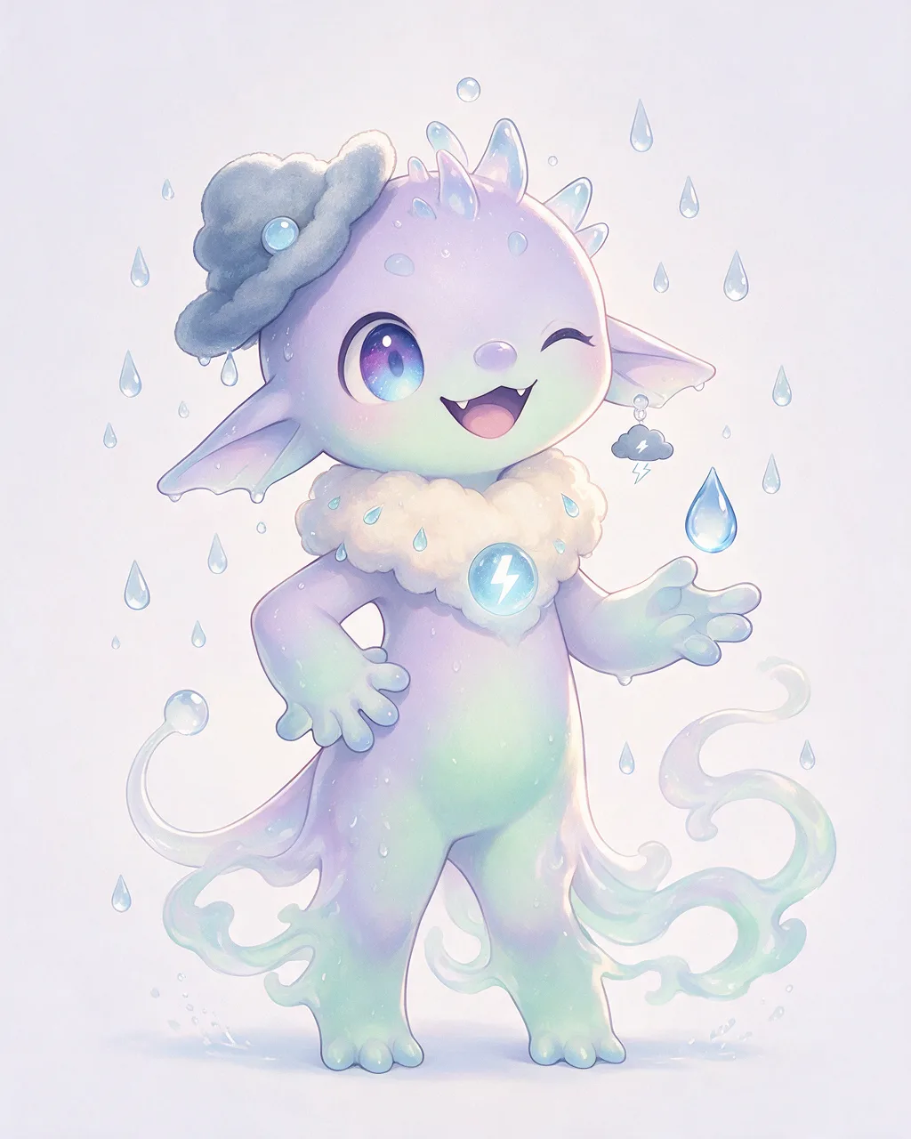 Original fantasy creature artwork of Rainbother, a Mischievous Storm-element creature.