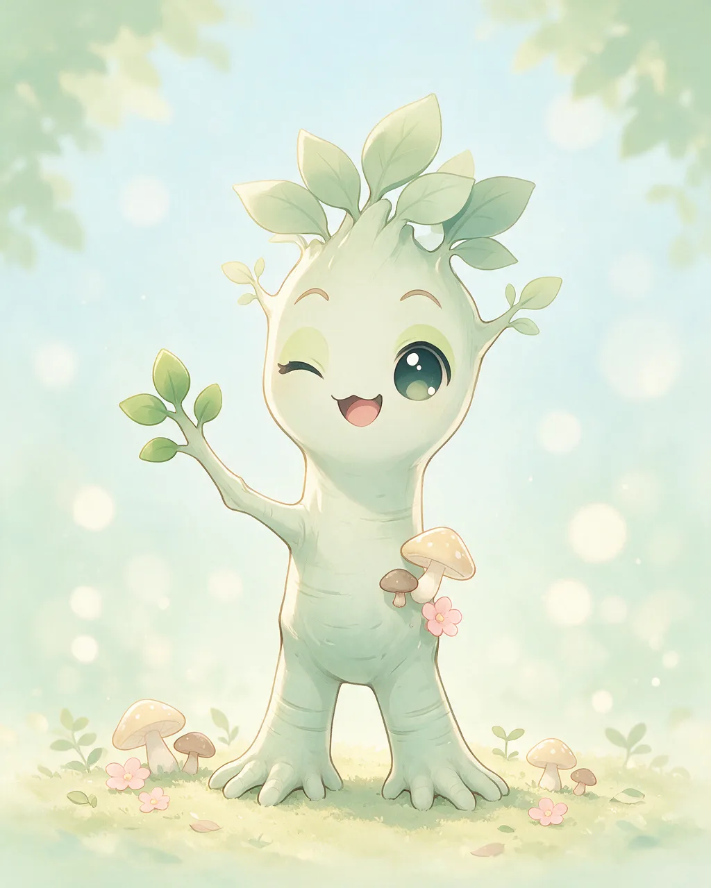 Original fantasy creature artwork of Saplingtrick, a Mischievous Grove-element creature.