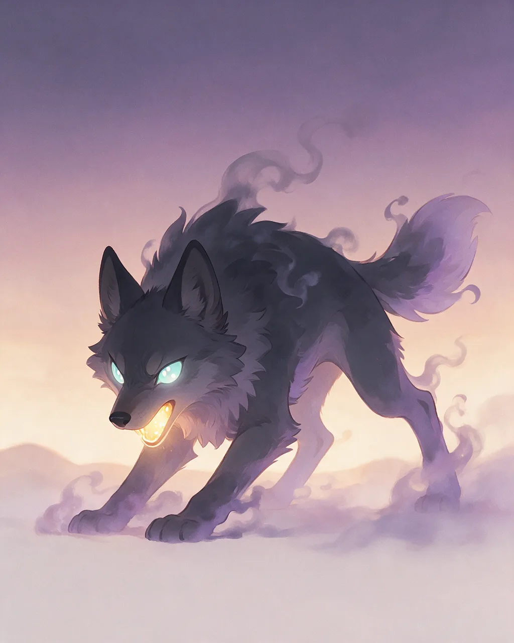 Original fantasy creature artwork of Shadowfang, a Fierce Dusk-element creature.