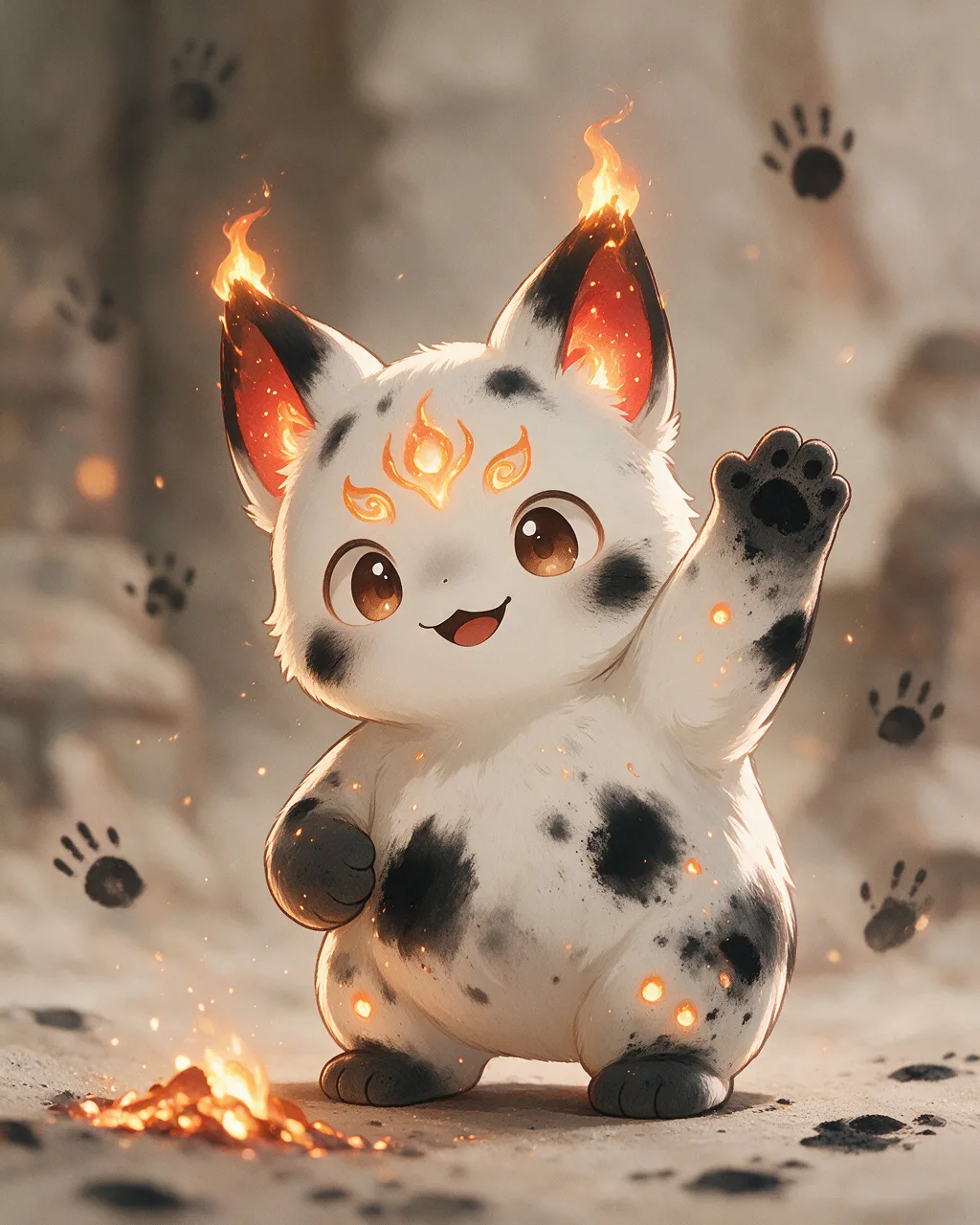 Evolved second-generation artwork of Sootling Elder, a Mischievous Ember-element creature.