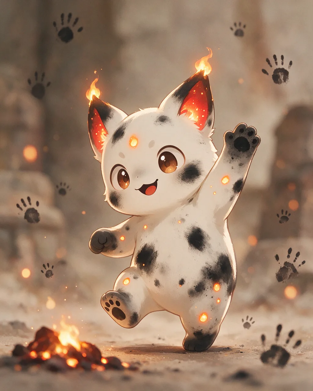 Original fantasy creature artwork of Sootling, a Mischievous Ember-element creature.