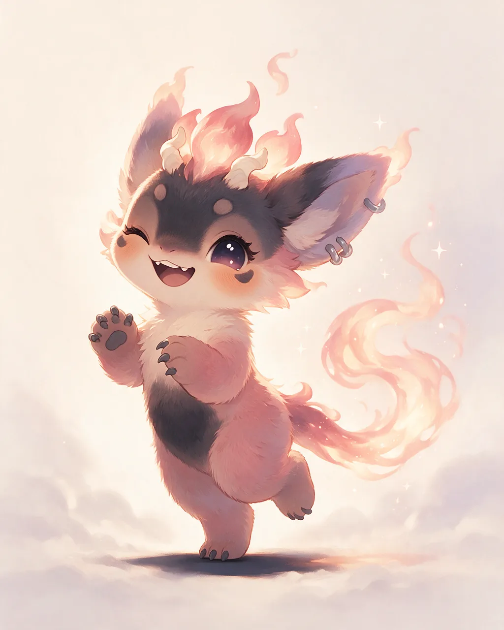 Original fantasy creature artwork of Sparkimp, a Mischievous Ember-element creature.