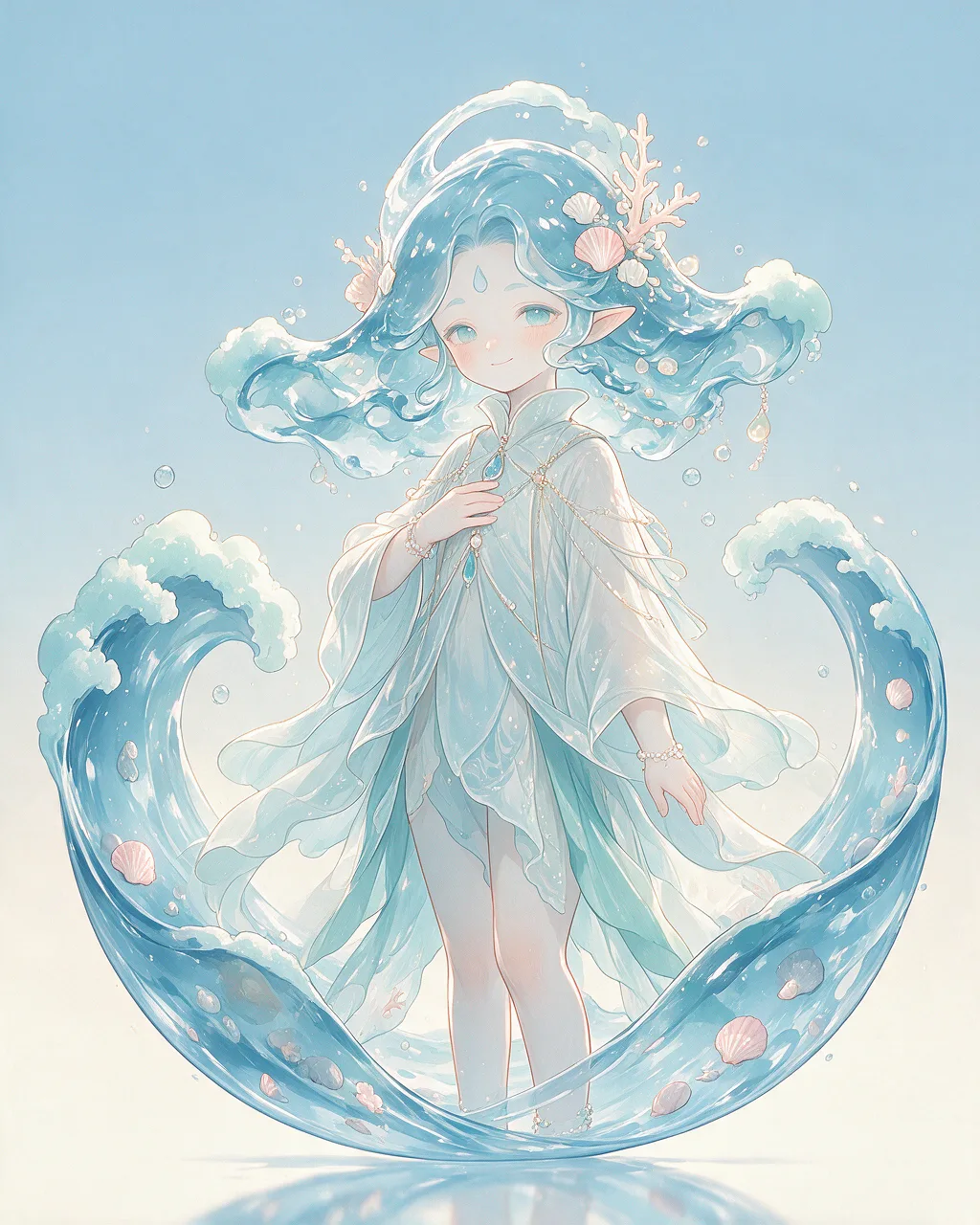 Evolved second-generation artwork of Stillwave Elder, a Serene Tide-element creature.