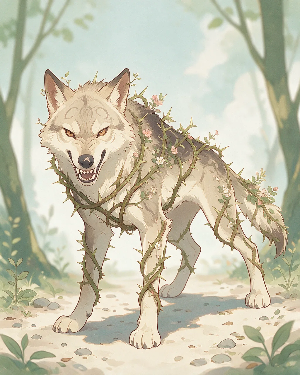 Evolved second-generation artwork of Thornfang Prime, a Fierce Grove-element creature.