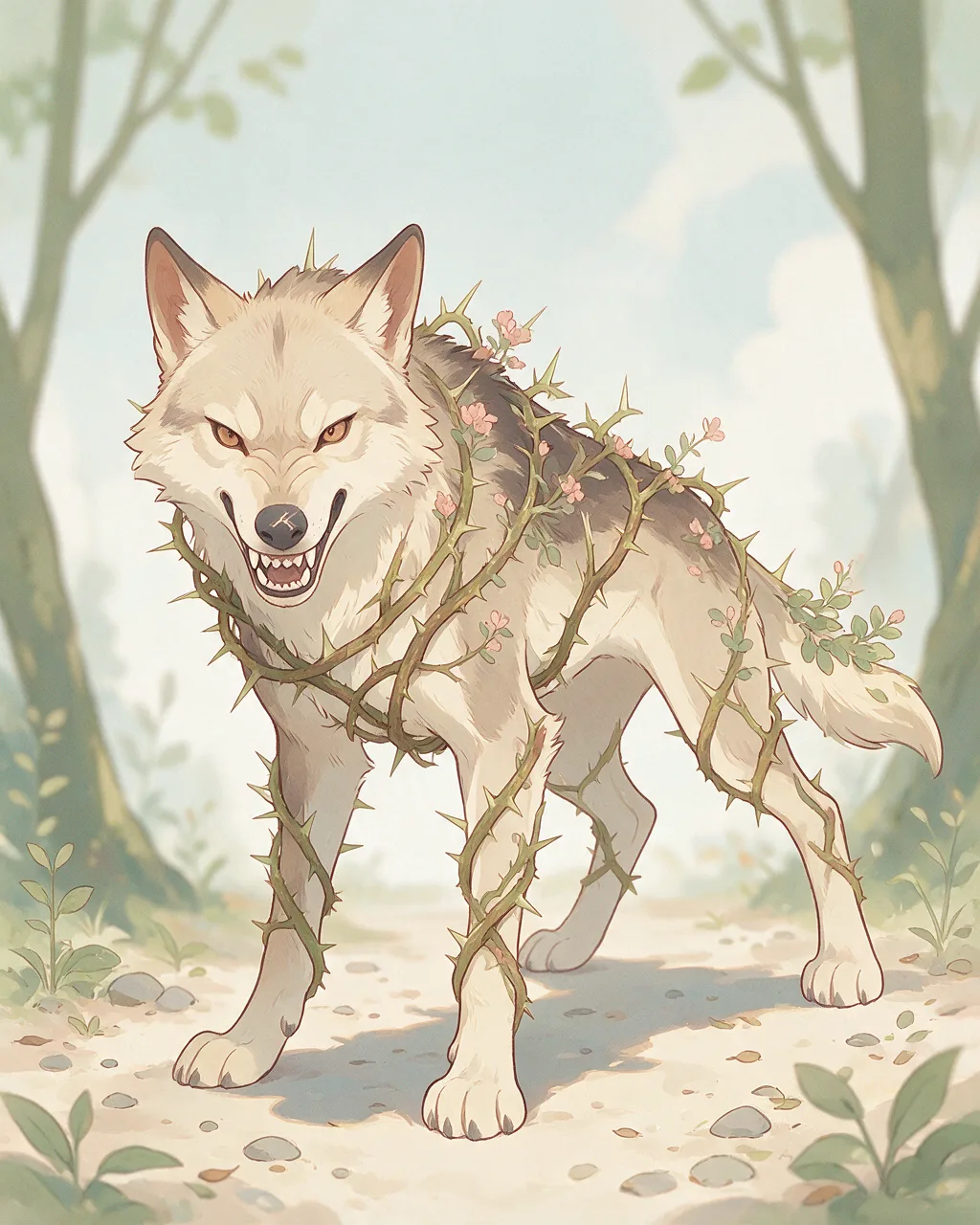 Original fantasy creature artwork of Thornfang, a Fierce Grove-element creature.