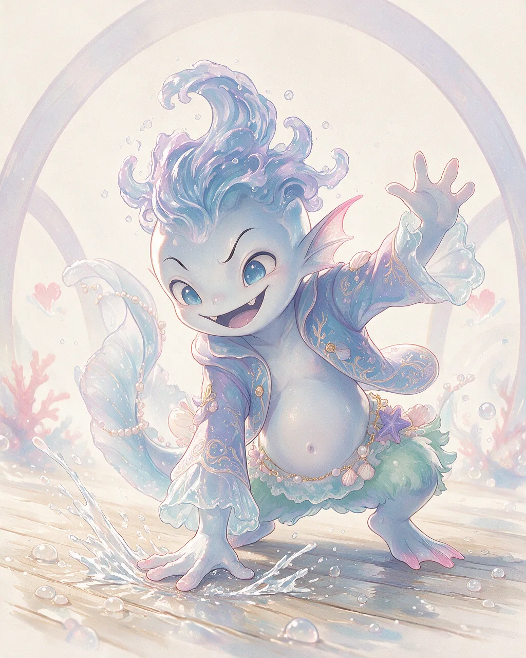 Evolved second-generation artwork of Tidesnicker Grand, a Mischievous Tide-element creature.