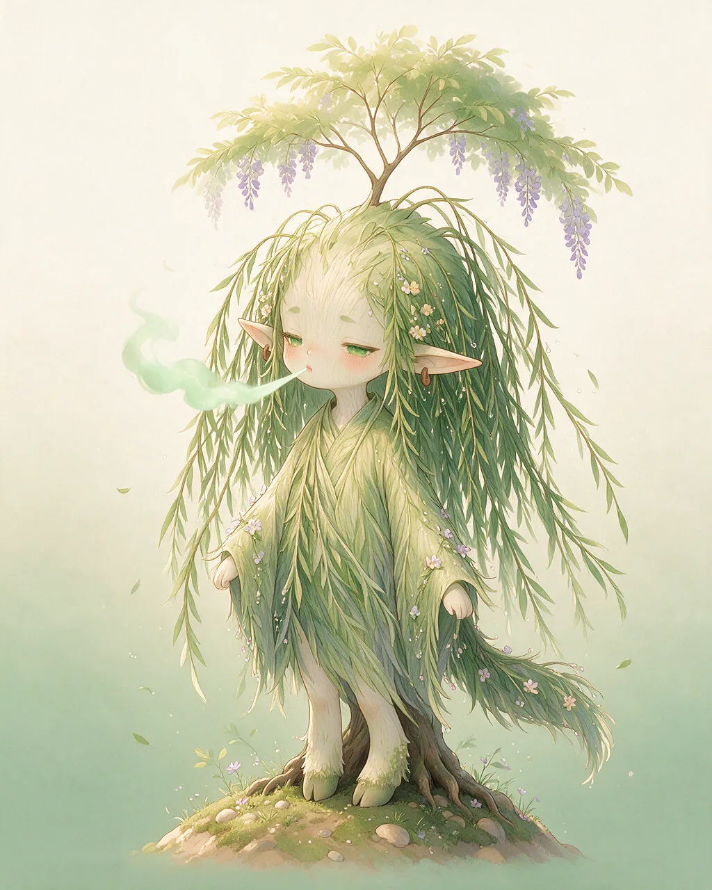 Evolved second-generation artwork of Willowbreathe Elder, a Serene Grove-element creature.