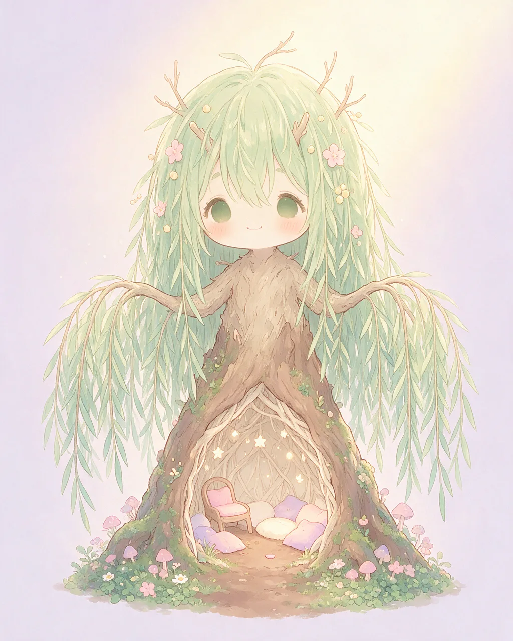 Original fantasy creature artwork of Willowmist, a Gentle Grove-element creature.